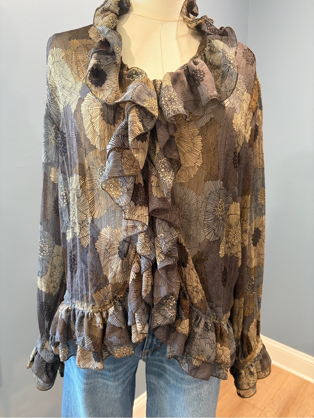Tribal Sheer Floral Ruffle Blouse Brown Boho Romantic Top Size 10 (Medium)